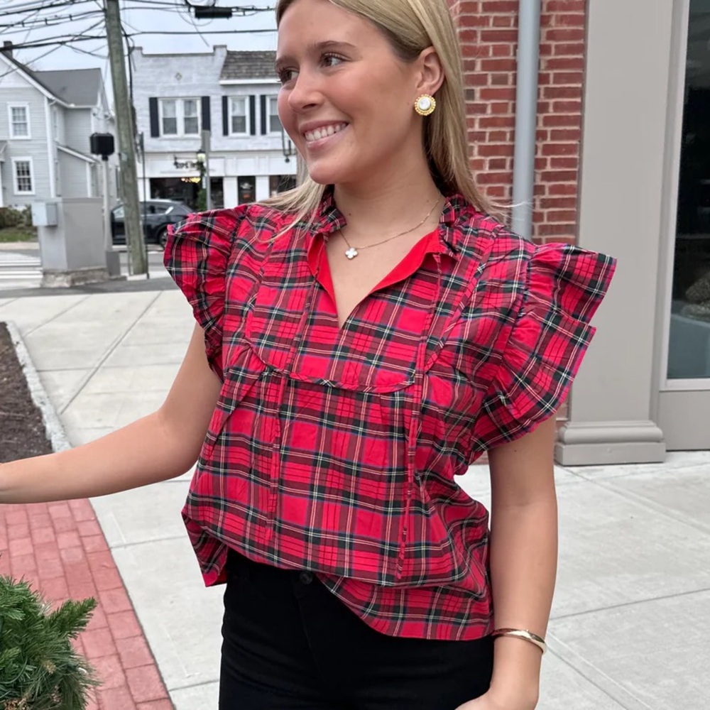 NWT: Sail to Sable: Red Tartan Plaid Ruffle Sleeve Top: XS